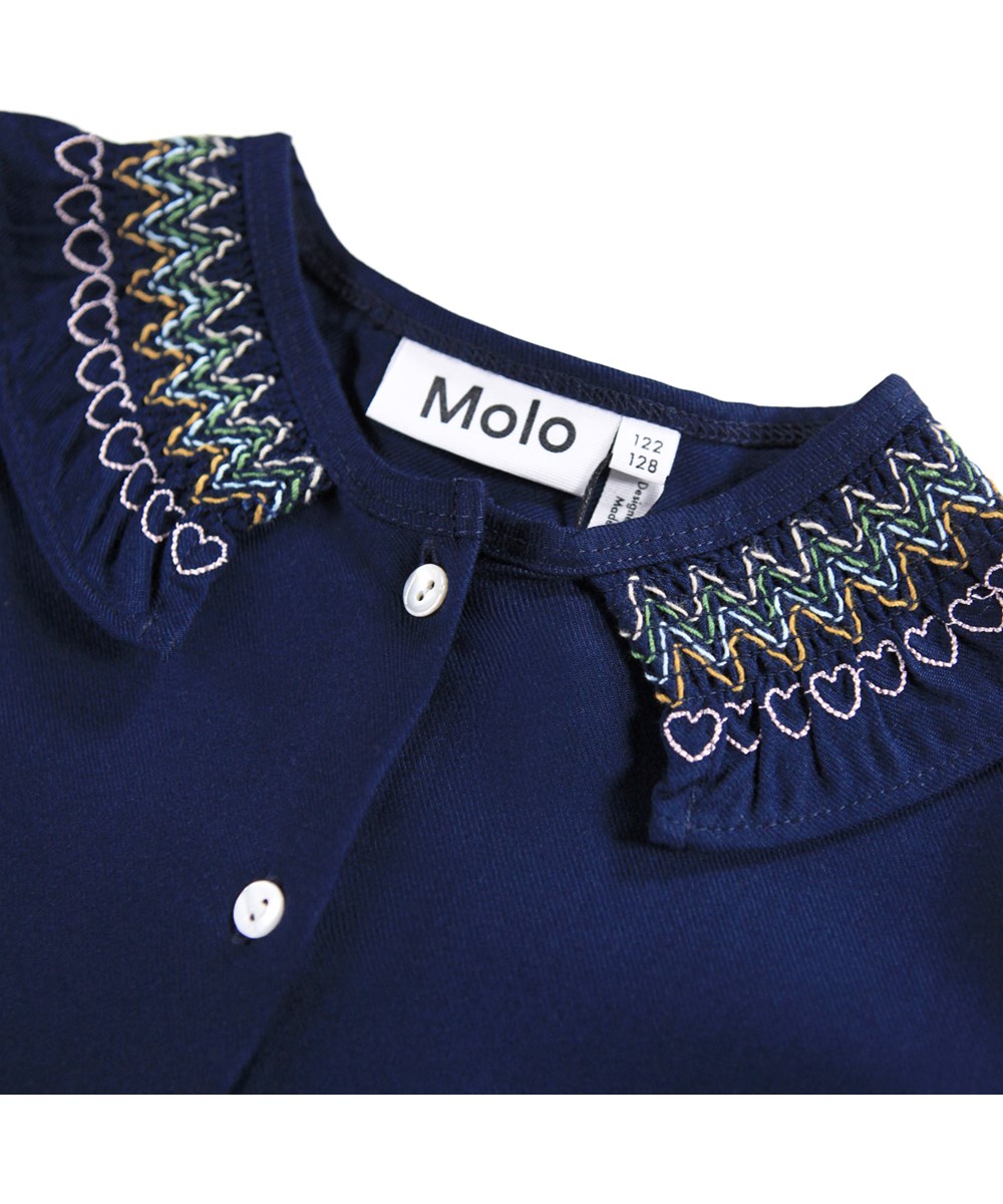 Cyrille - Galaxy Blue - Long-sleeved dress for children made of dark blue viscose with colourful smock details.