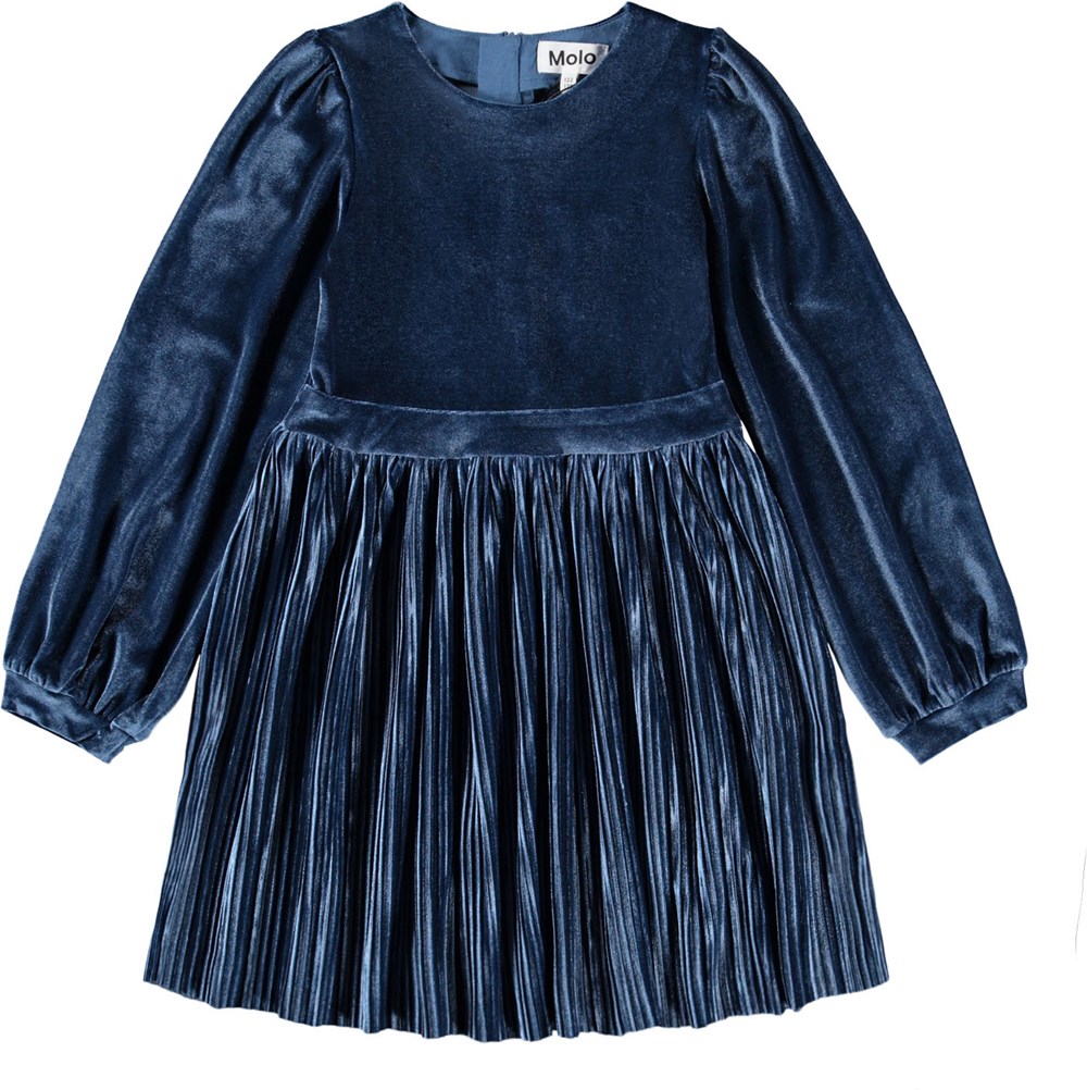 Molo Girl's Cyrilli Pleated Velour Dress, Size 2t-6, Mystic Blu, 5-6y, Baby Girl Apparel Dresses, image size:1000x1002