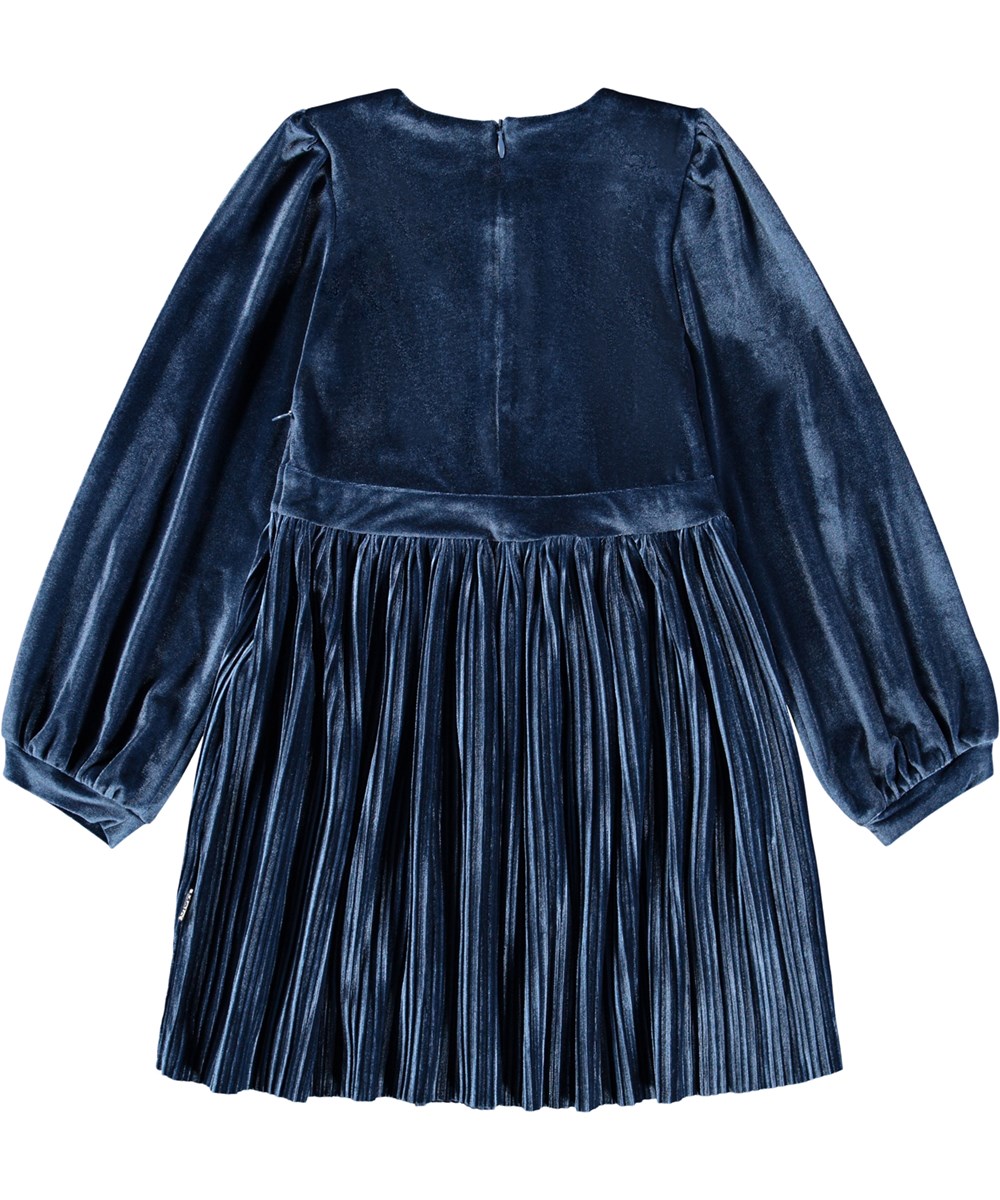 Cyrilli - Mystic Blue - Knee-length blue dress for children made of velour with a beautiful pleated skirt.