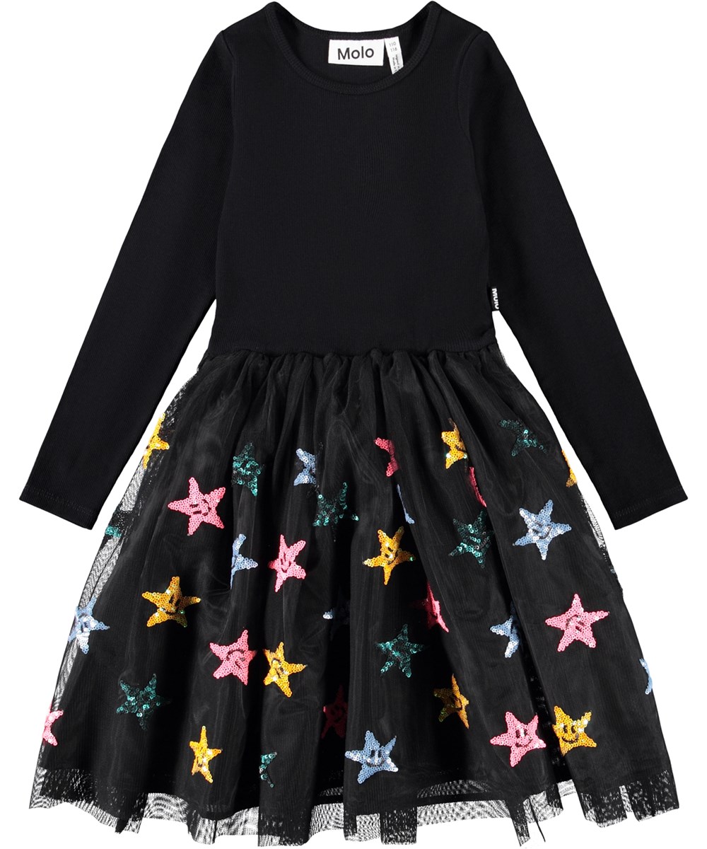 Cyrus - Black - Black long-sleeved dress for children with a black tulle skirt with sequin stars.