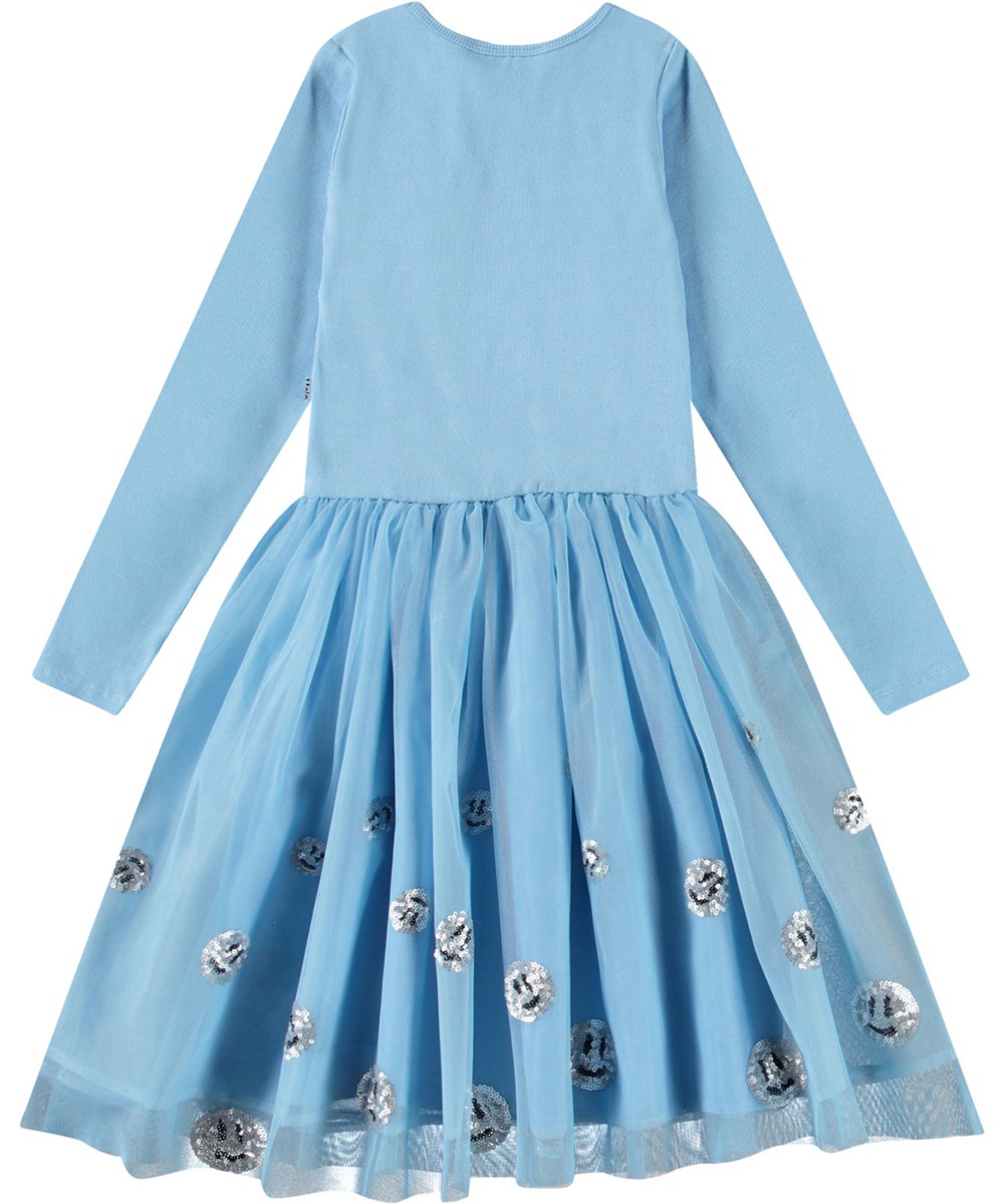 Cyrus - Day Sky - Light blue long-sleeved dress for children with light blue tulle skirt and smiling sequin faces.