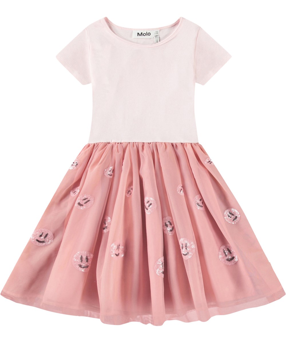 Cyrusila - Charlotte Pink - Pink dress for children with pink tulle skirt and smiling sequin faces.