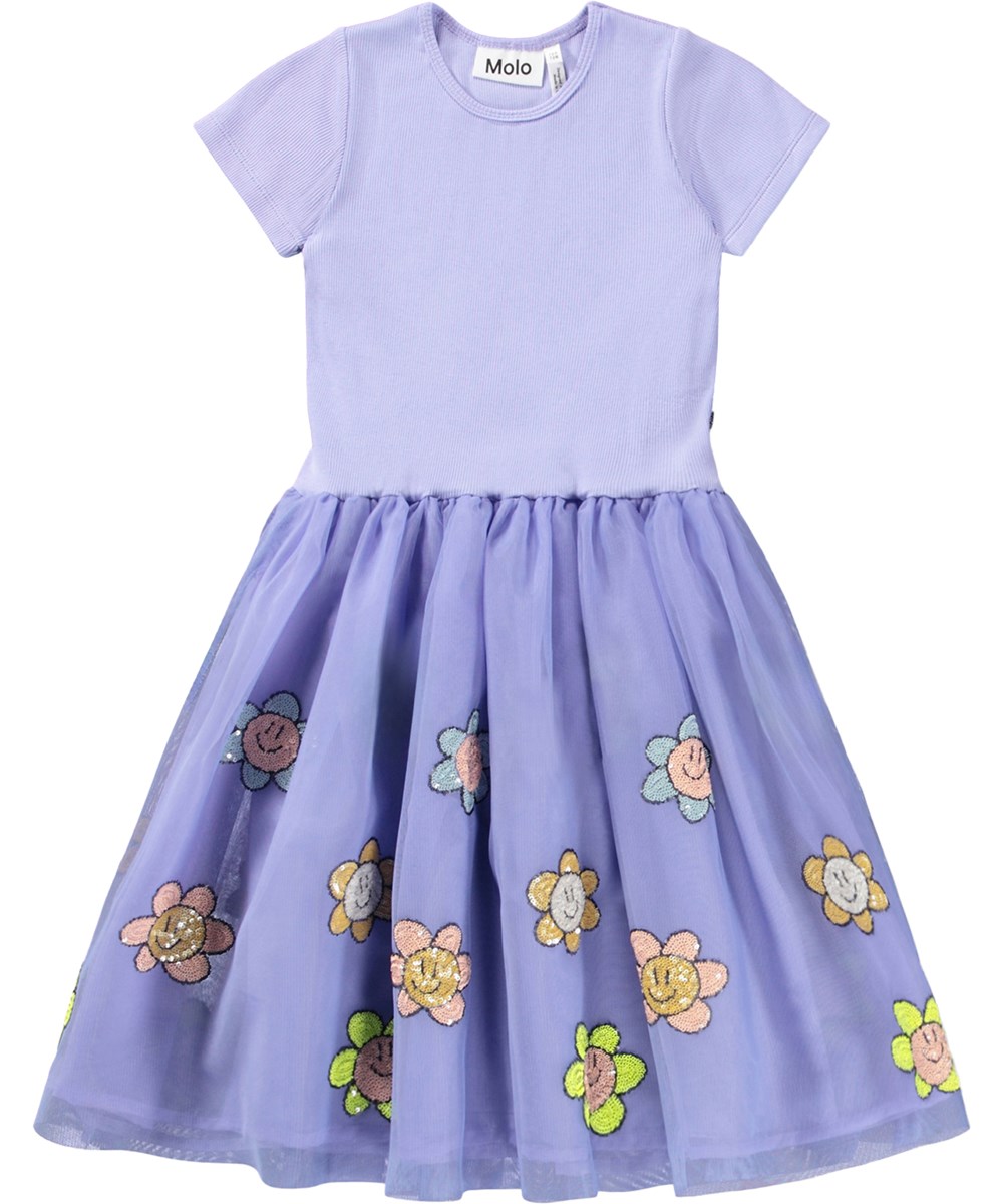 Cyrusila - Cool Lilac - Purple dress for children with short sleeves and a tulle skirt with cheerful sequin flowers 