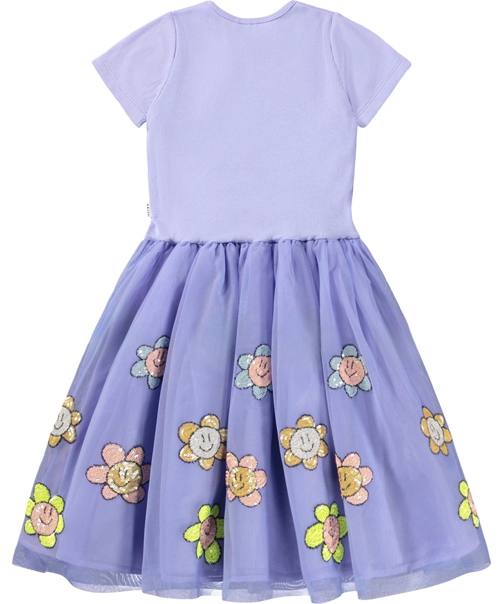 Cyrusila - Cool Lilac - Purple dress for children with short sleeves and a tulle skirt with cheerful sequin flowers 