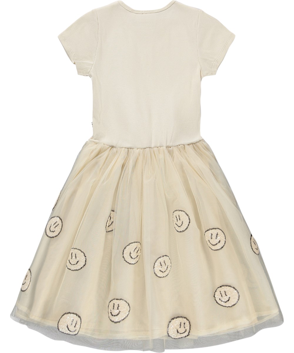 Cyrusila - Summer Sand - Off-white dress for children with short sleeves and a tulle skirt with cheerful sequin faces 