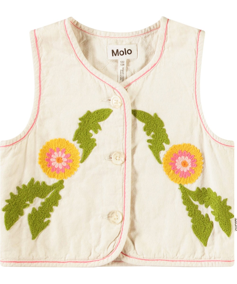 Heather - Fancy Dandelion - Sand-coloured, lined waistcoat with embroidery for children in soft cotton with a round neckline, button closure at the front, and pink stitching.
