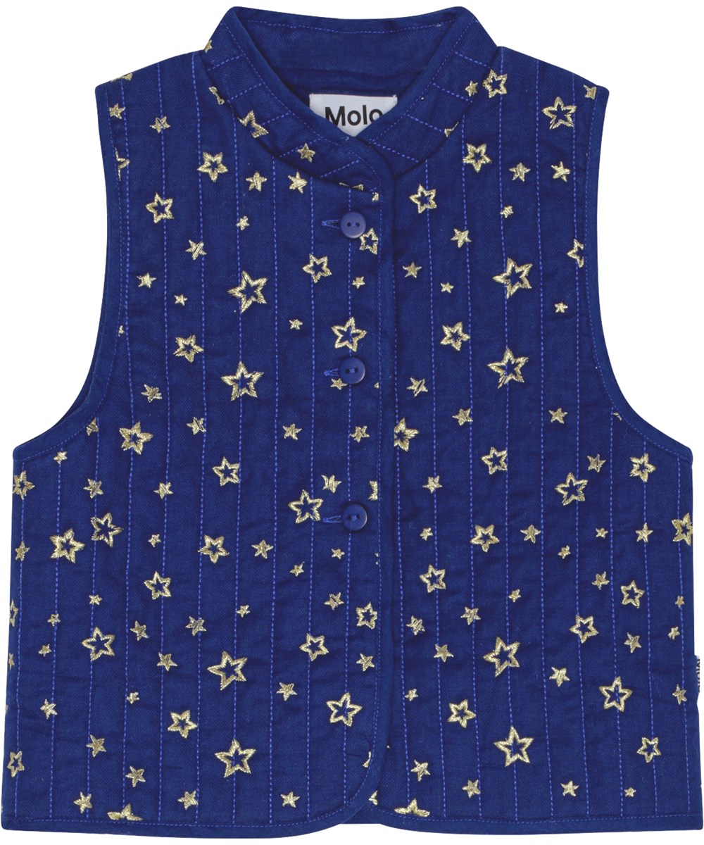 Helga - Shiny Stars - Exclusive navy quilted cotton waistcoat with Mandarin collar and gold star embroidery.