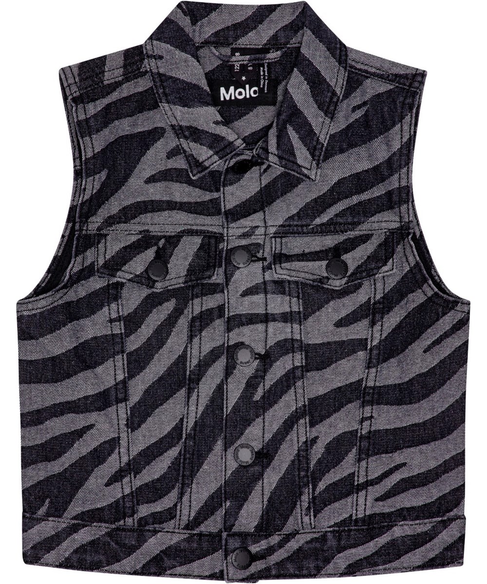 Hertha - Zebra Denim - Zebra-striped denim waistcoat in grey and black cotton with chest pockets.