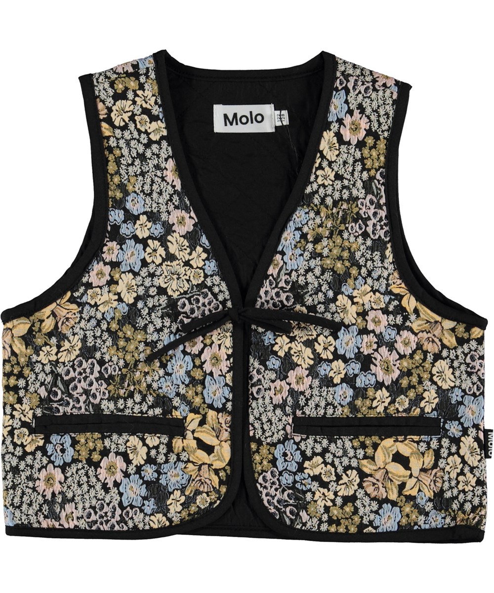 Hilma - Flowery - Black and multi-coloured quilted waistcoat in jacquard