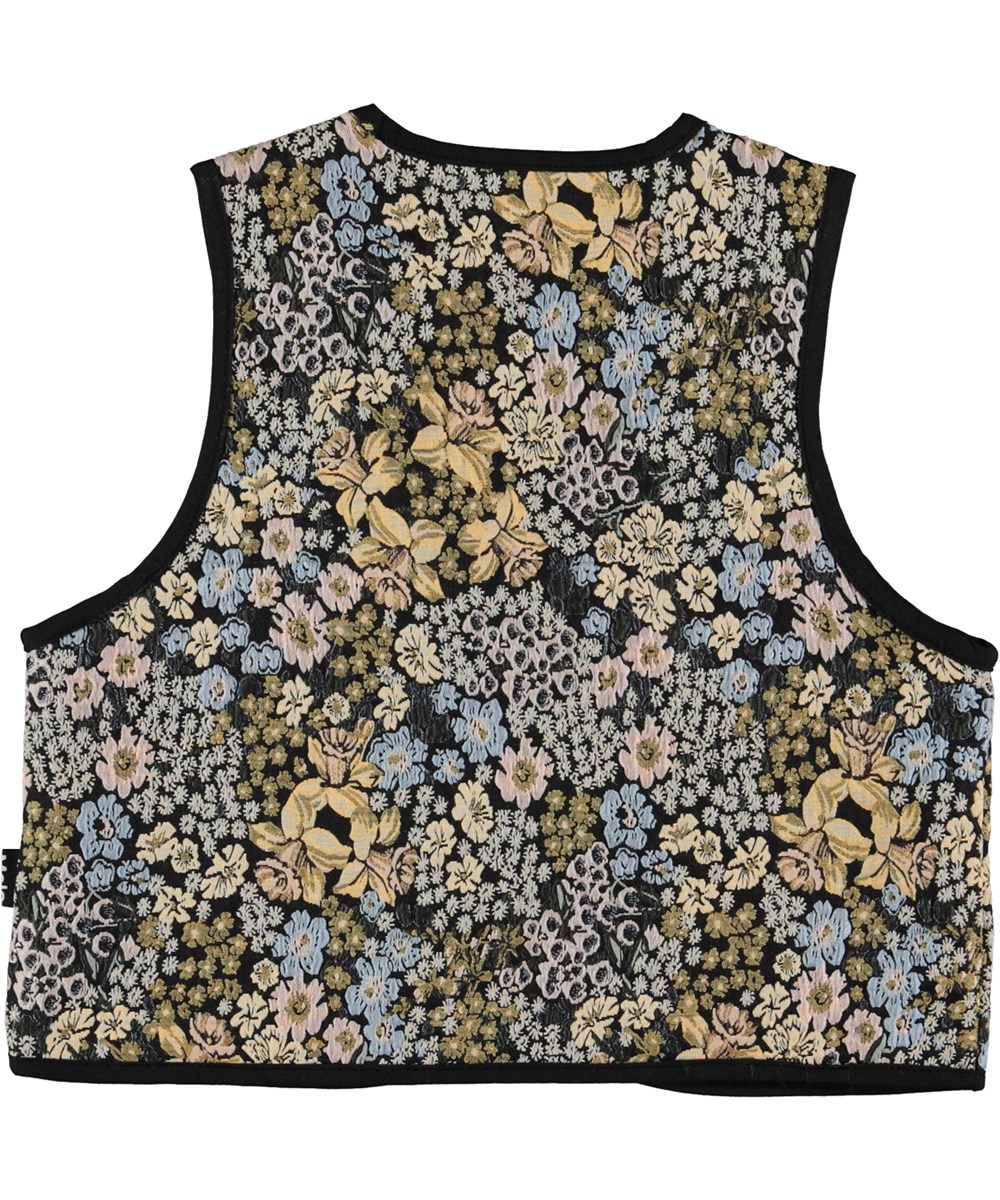Hilma - Flowery - Black and multi-coloured quilted waistcoat in jacquard