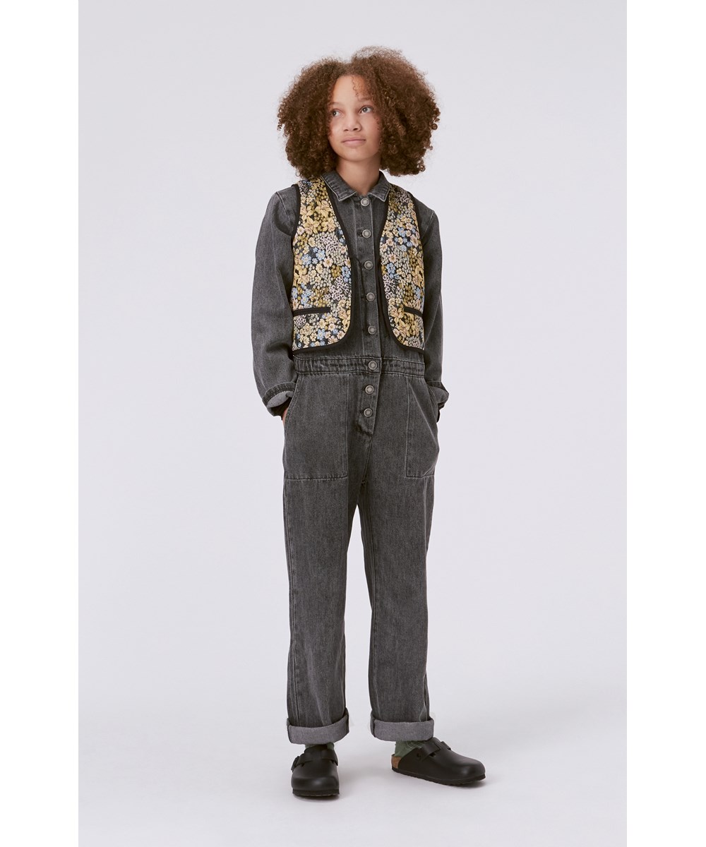 Hilma - Flowery - Black and multi-coloured quilted waistcoat in jacquard