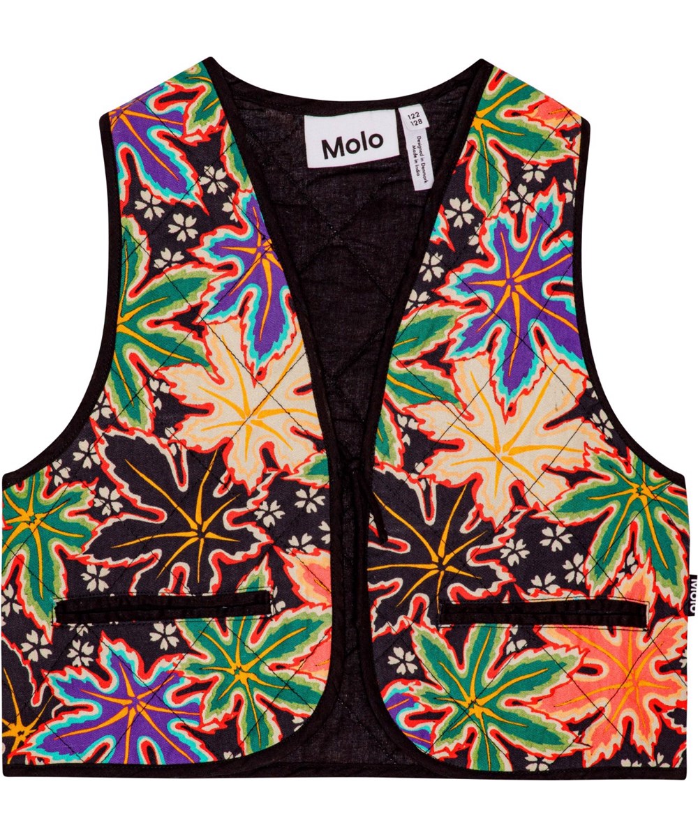 Hilma - Leafy - Soft viscose quilted waistcoat with multicoloured maple leaf print.