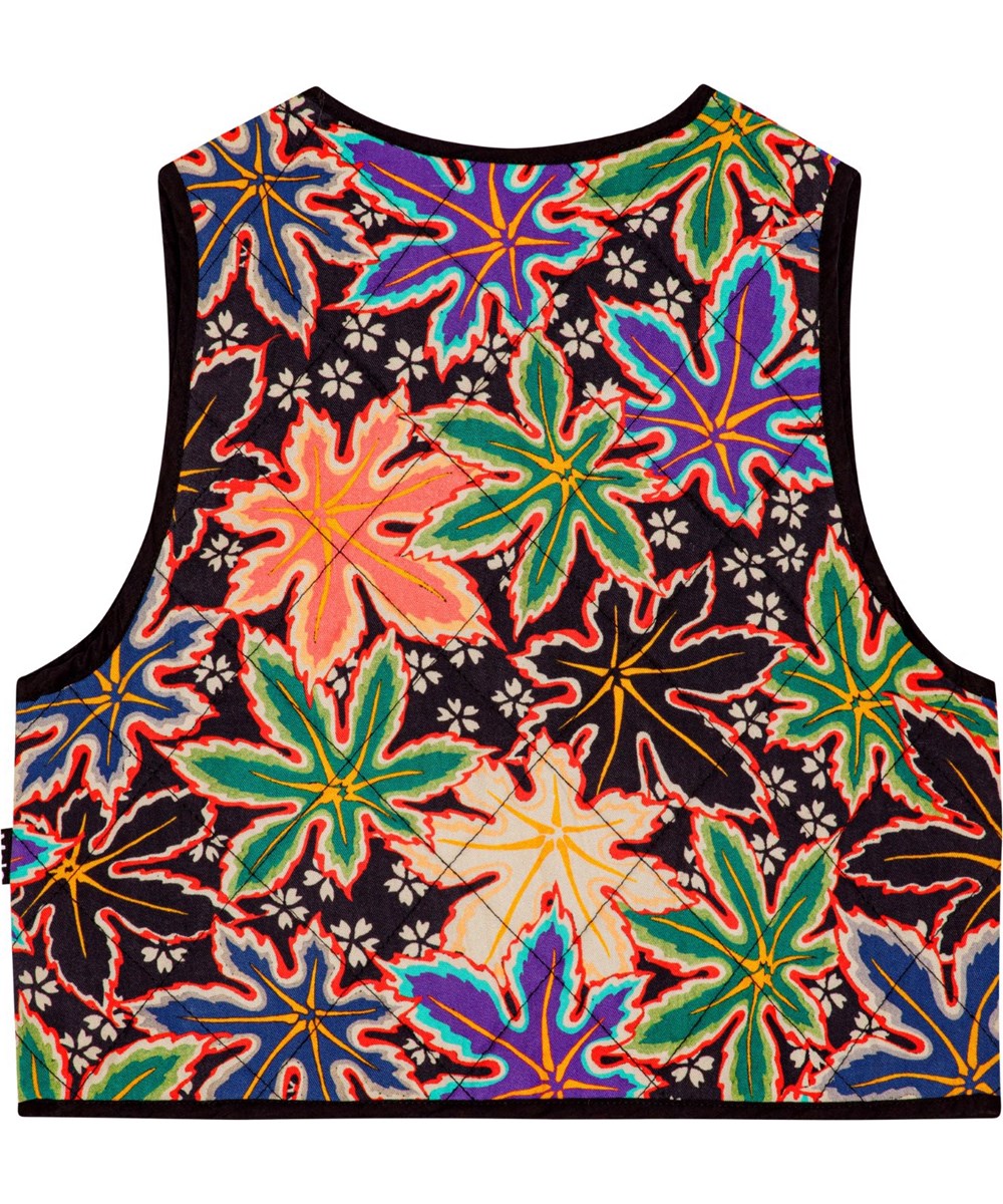 Hilma - Leafy - Soft viscose quilted waistcoat with multicoloured maple leaf print.