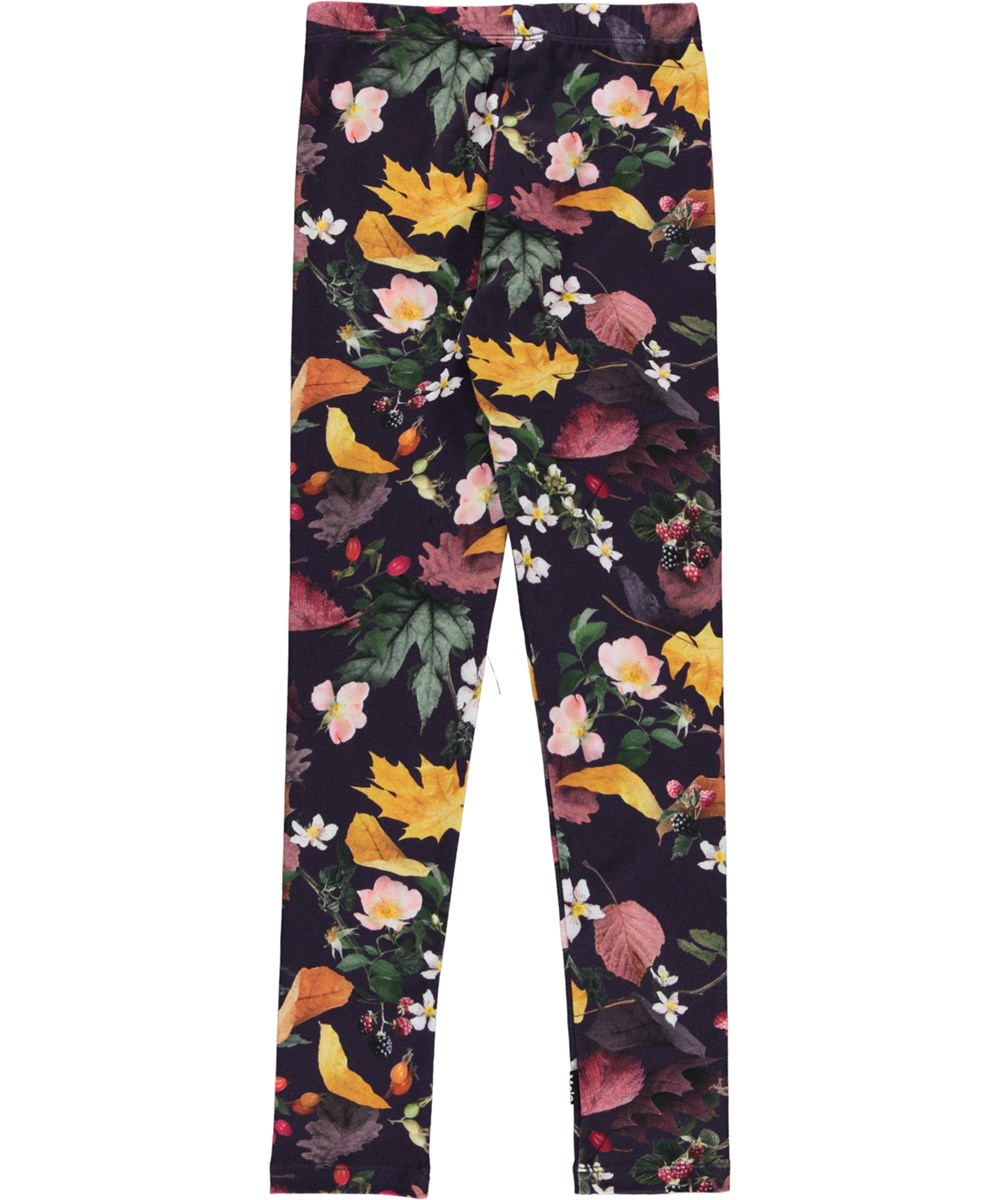 Niki - Berry Picking - Purlple organic leggings with a print of berries and leaves