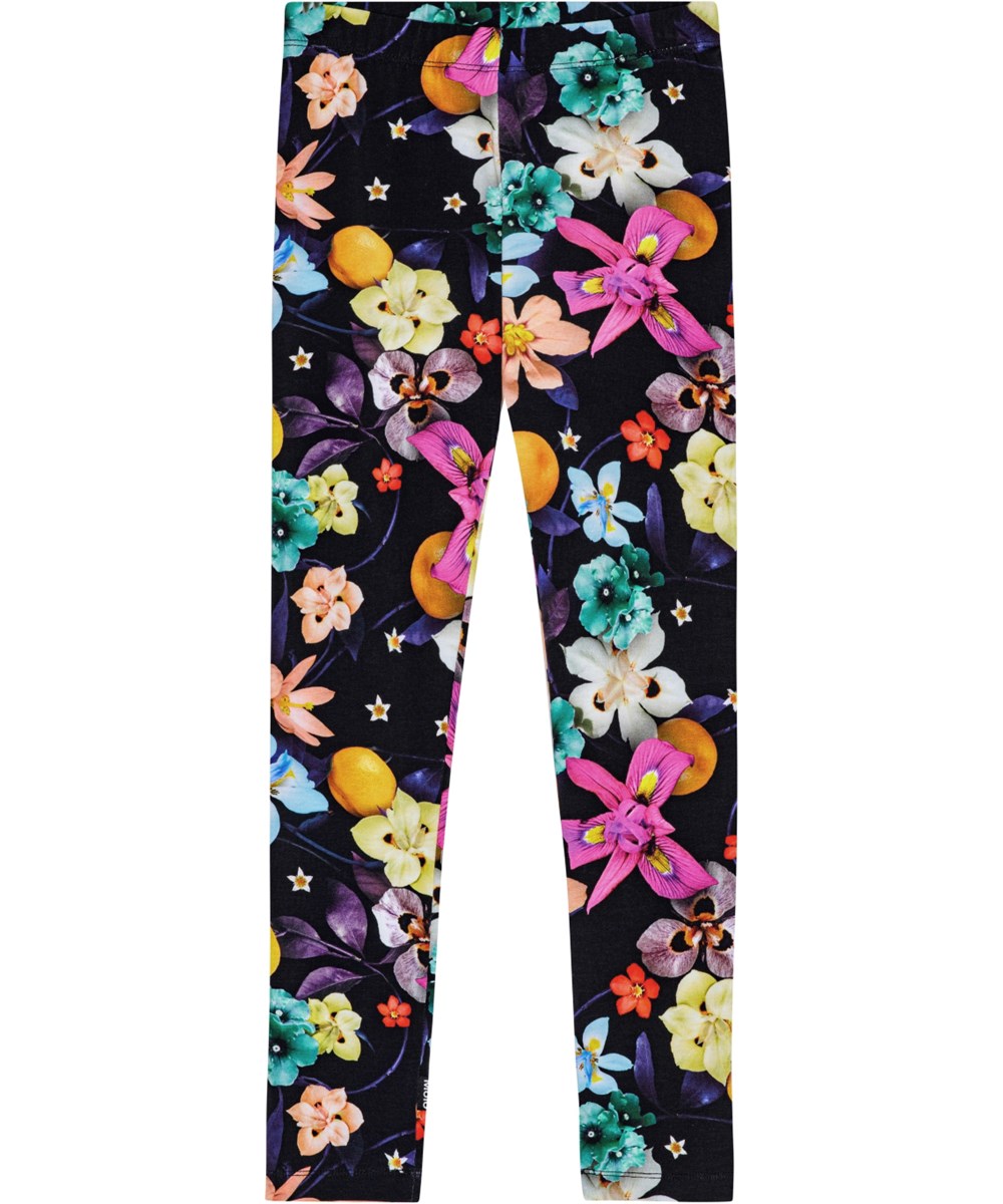 Niki - Garden Of Plenty - Black organic cotton leggings with snug fit and elastic waistband. Colourful flower print.