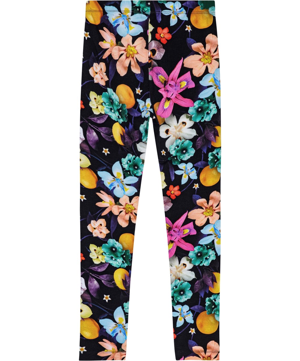 Niki - Garden Of Plenty - Black organic cotton leggings with snug fit and elastic waistband. Colourful flower print.