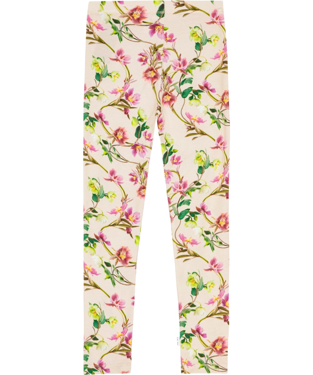 Niki - Hellebore - Off-white leggings with flower print in organic cotton.