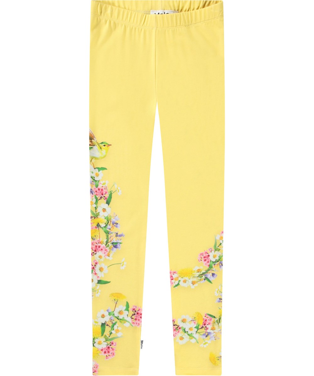 Niki - Party Ready - Yellow leggings with print for children in stretchy organic cotton with an elastic waistband.