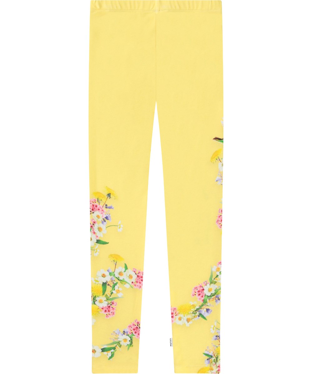 Niki - Party Ready - Yellow leggings with print for children in stretchy organic cotton with an elastic waistband.