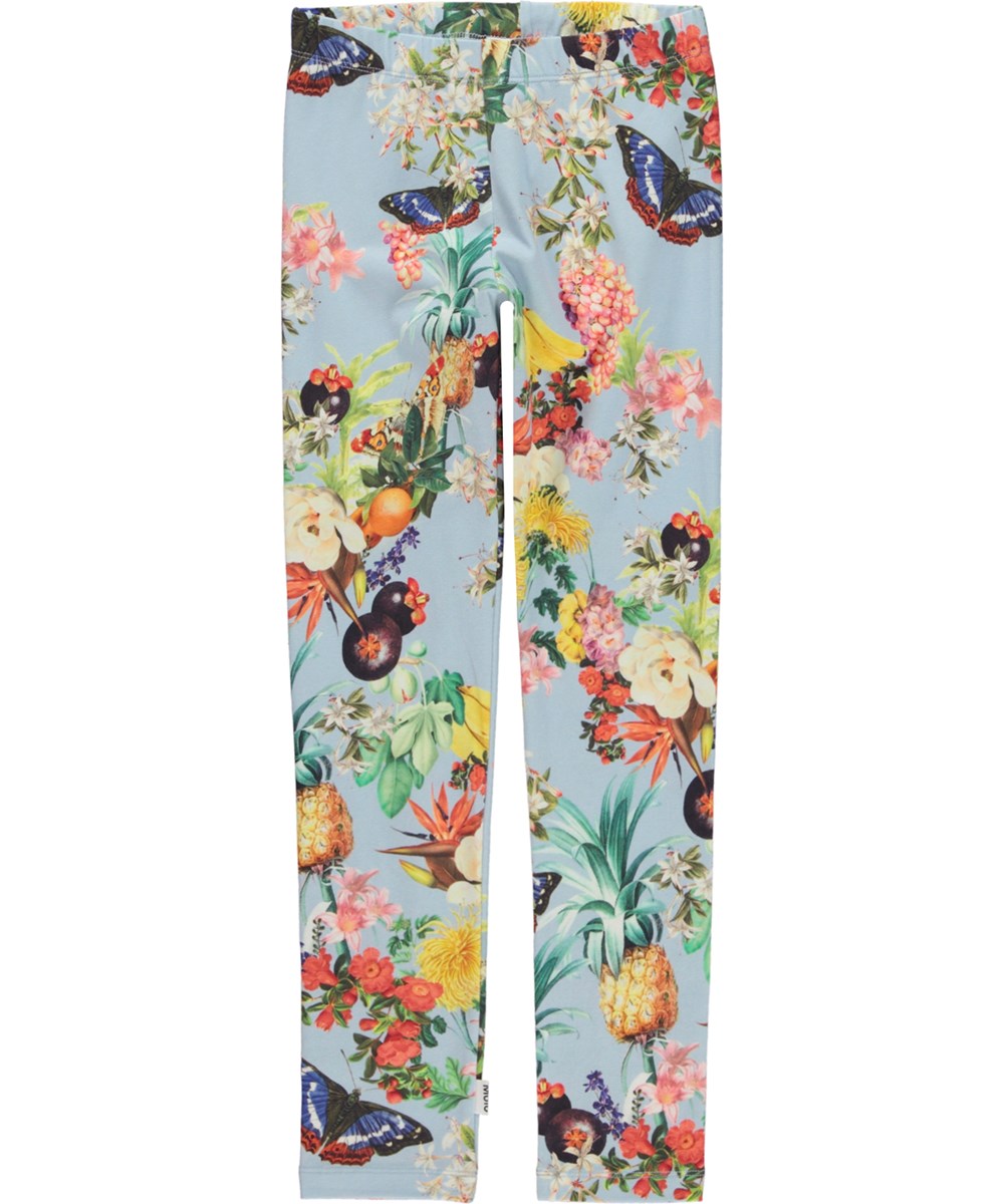 Niki - Tropical Fruits - Light blue leggings in organic jersey with tropical print