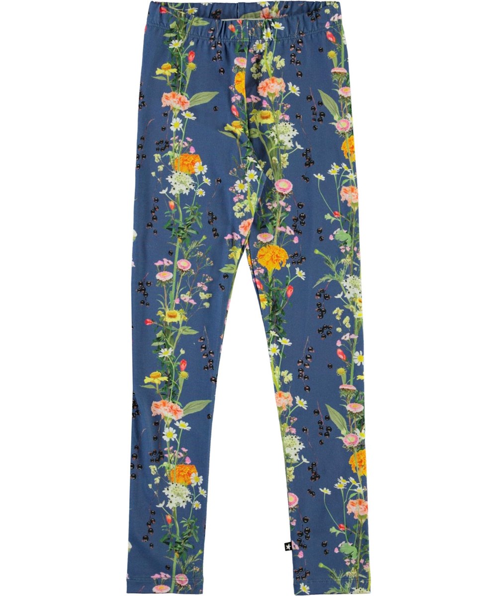 Niki - Vertical Flowers - Blue organic leggings with flowers