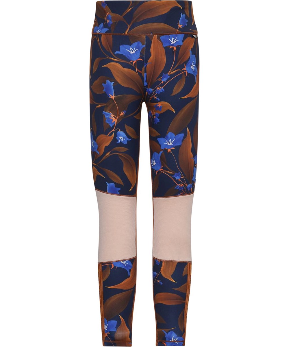 Olympia - Night Bloom_Big - Blue sport leggings with brown flowers 