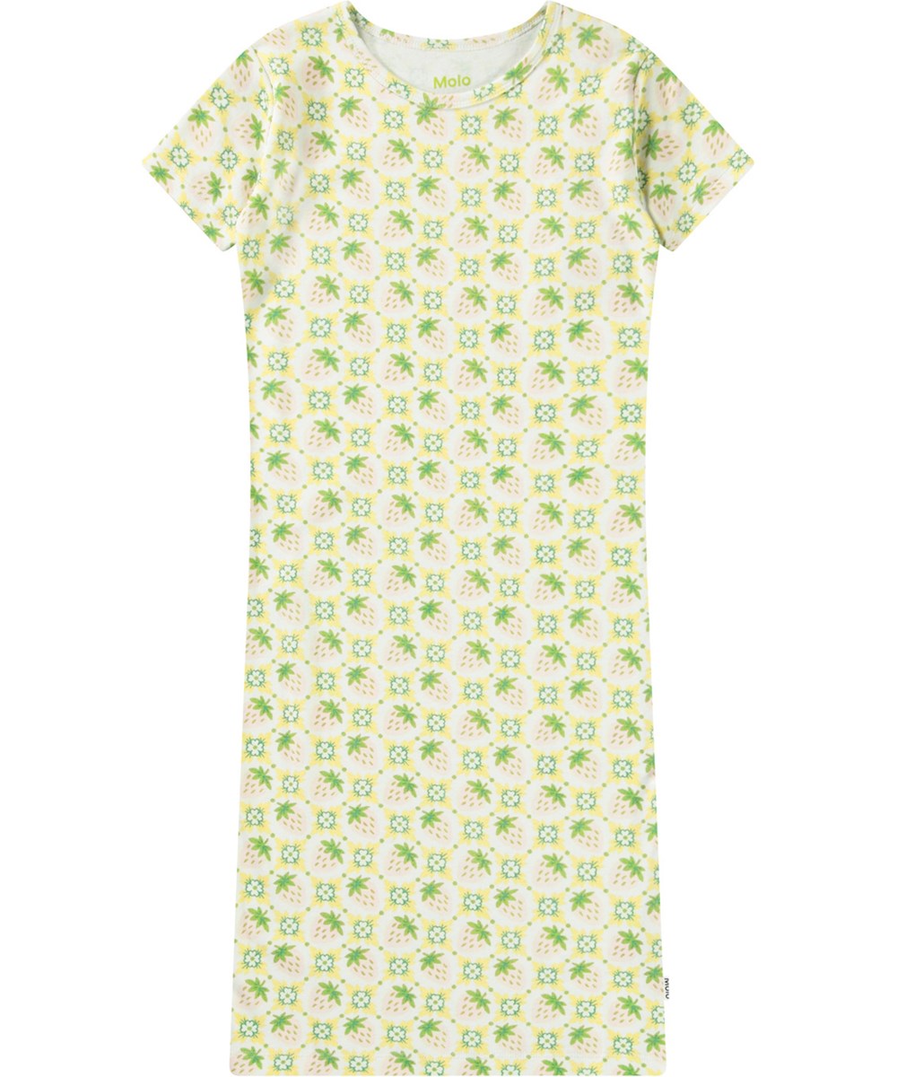 Liva - Pale Berries - Off-white nightdress with t-shirt sleeves in organic cotton jersey.
