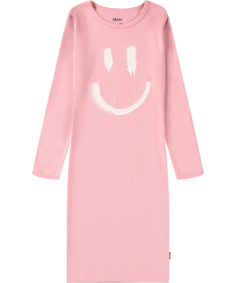 Lovely - Blush - Pink nightgown for children made of organic cotton with a print of a smiling face.