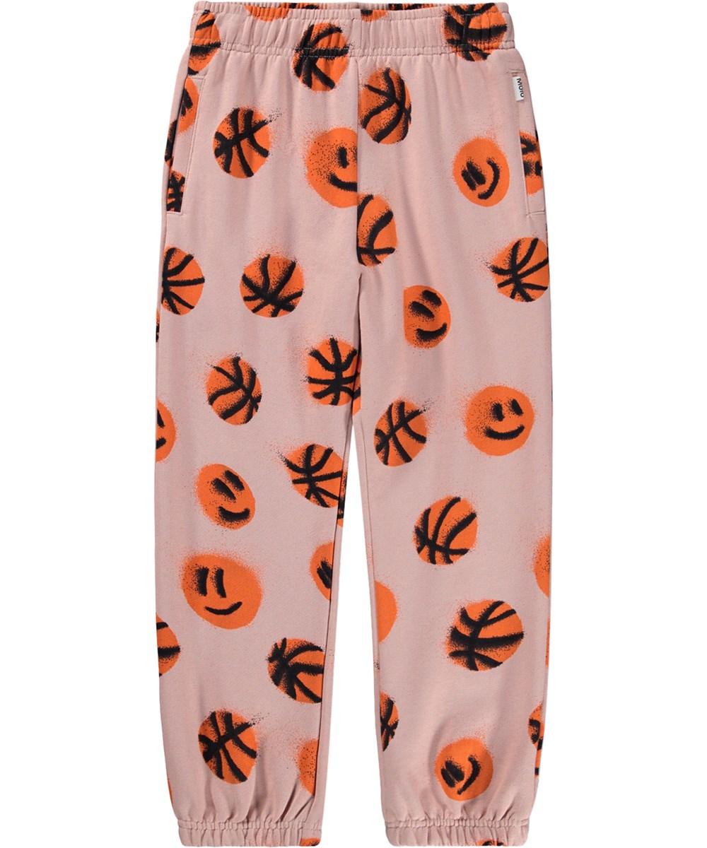 Adan - Basketball Rose - Pink, soft sweatpants for children made of organic cotton with a basketball print 
