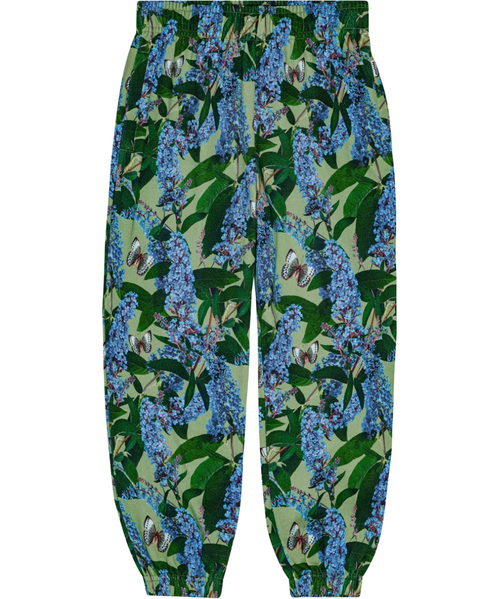 Adan - Buddleja Garden - Soft and warm green sweatpants in organic cotton with all-over butterfly print.