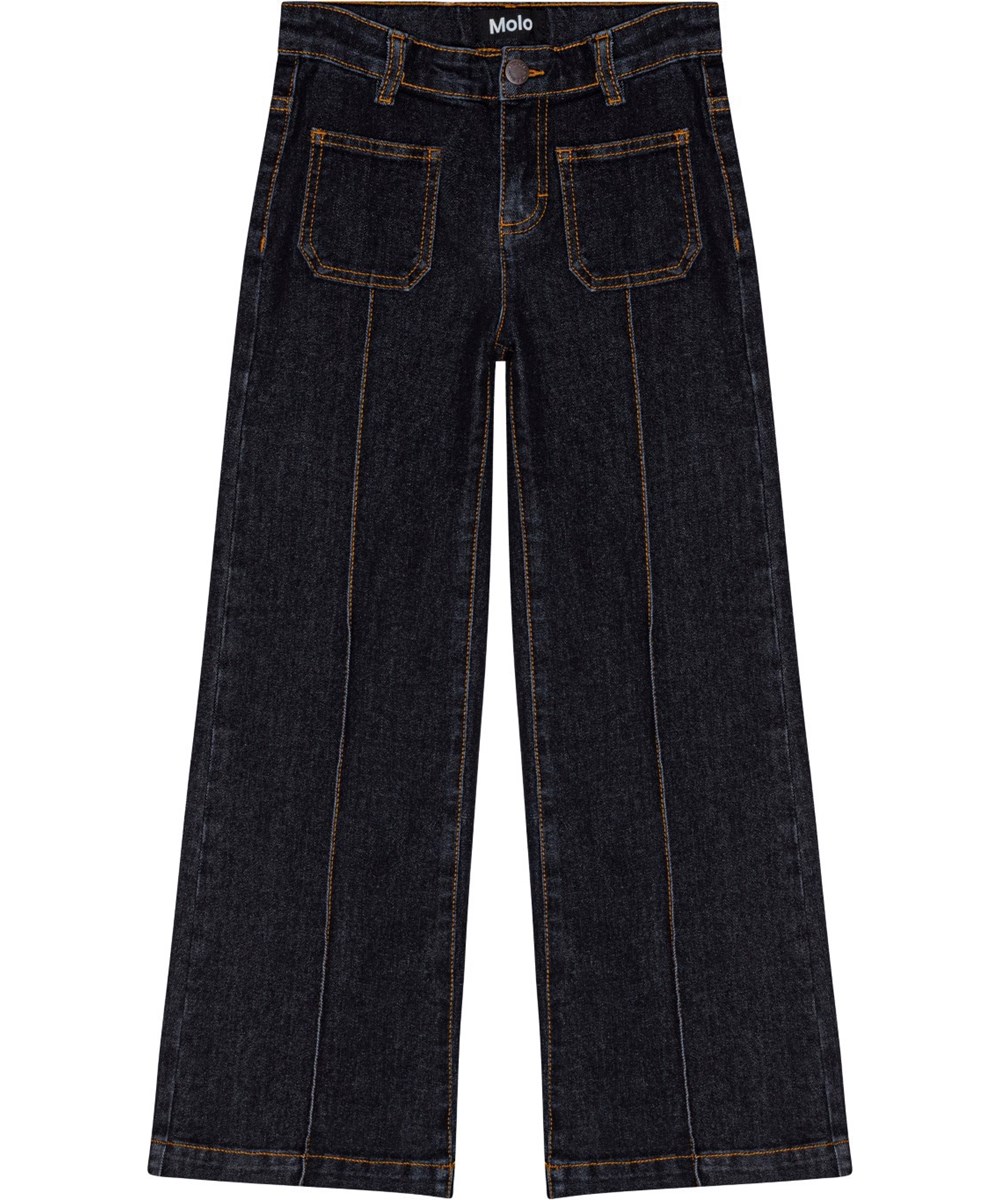 Adina - Raw Blue - Dark blue denim, 70s jeans in organic cotton with stitched crease.