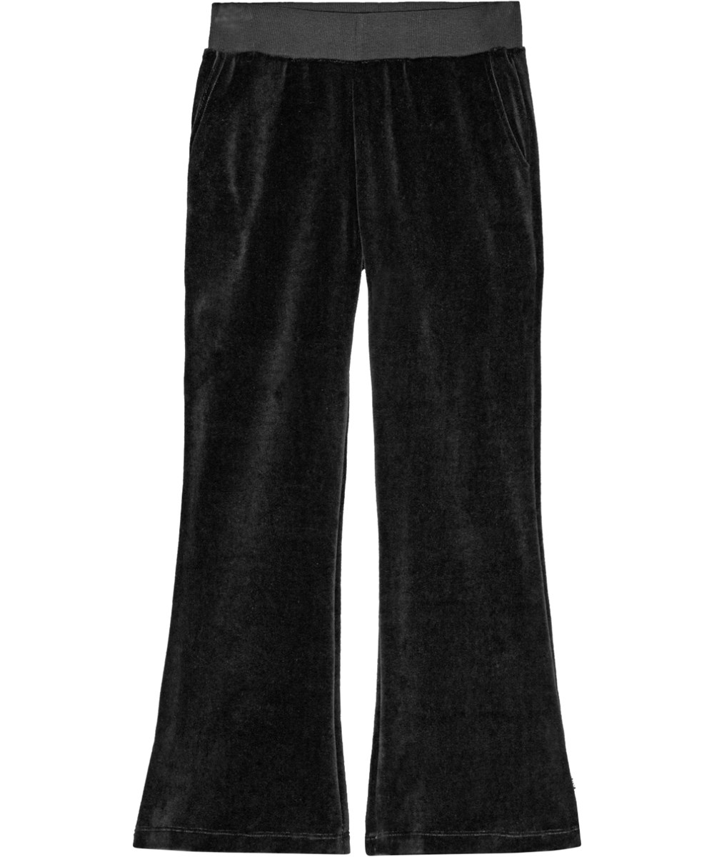 Adoria - Black - Soft black velour trousers with flared trumpet shape and elastic waistband.