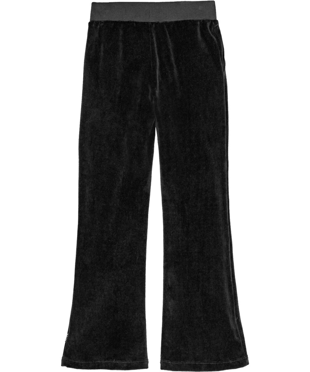 Adoria - Black - Soft black velour trousers with flared trumpet shape and elastic waistband.