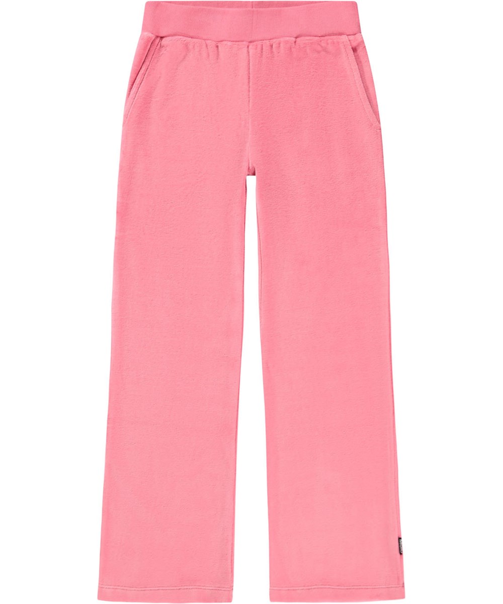 Adoria - Confetti - Pink velour pants for children made of a soft cotton blend in a trumpet shape.