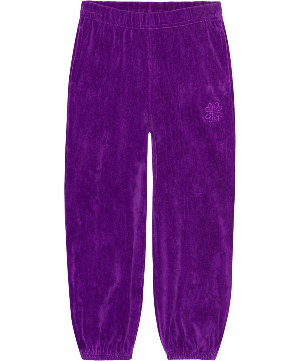 Adriana - Purple Dusk - Purple velour trousers with Molo's embroidered clover