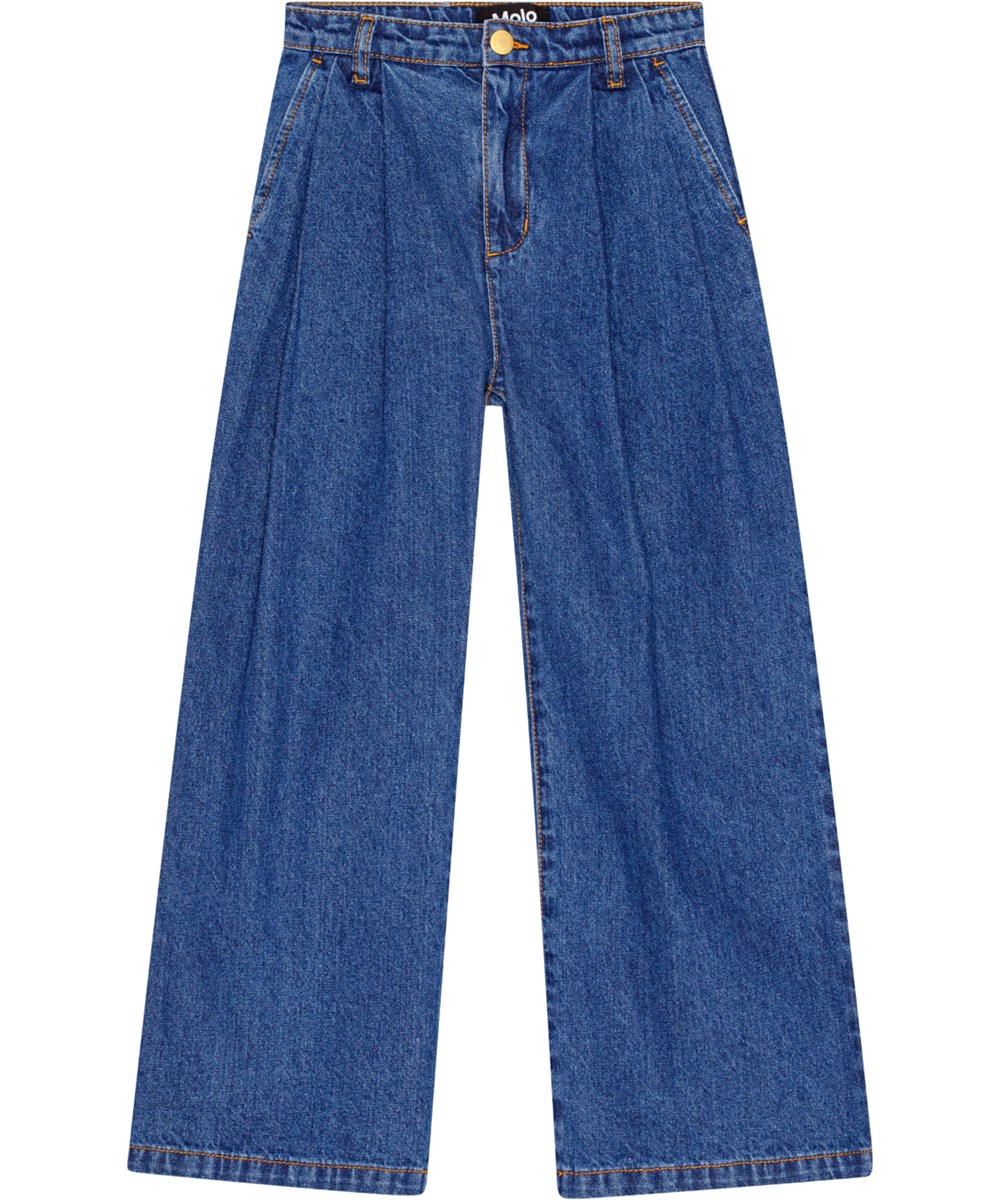 Aeisha - Mid Blue Denim - Soft cotton wide denim blue jeans with front and back pockets.
