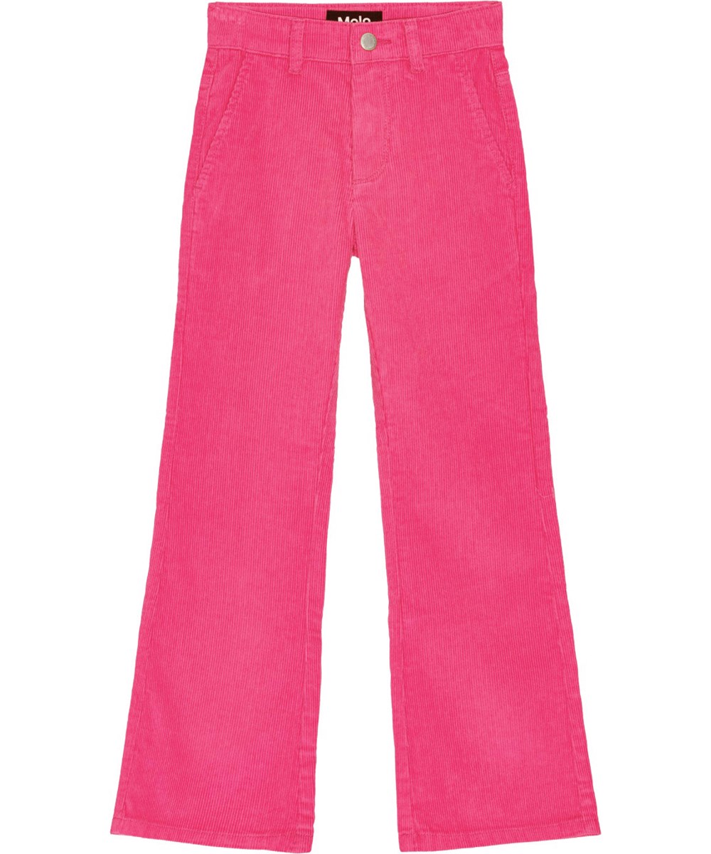 Aida - Shocking Pink - Flared pink corduroy trousers with pockets and adjustable waist.