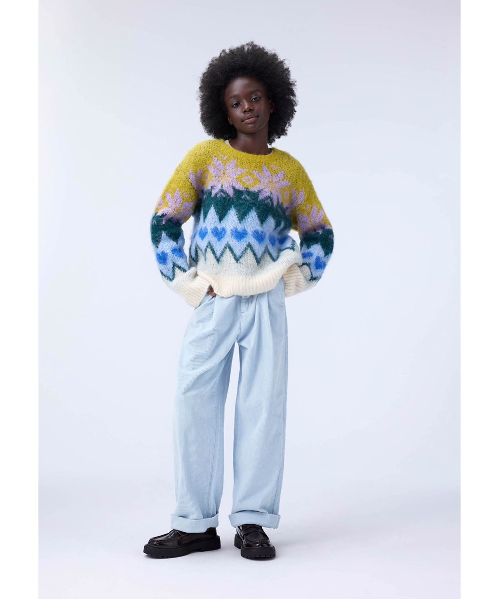 Alaine - Blue Moon - Light blue pants for children made of soft cotton velvet in a loose fit.