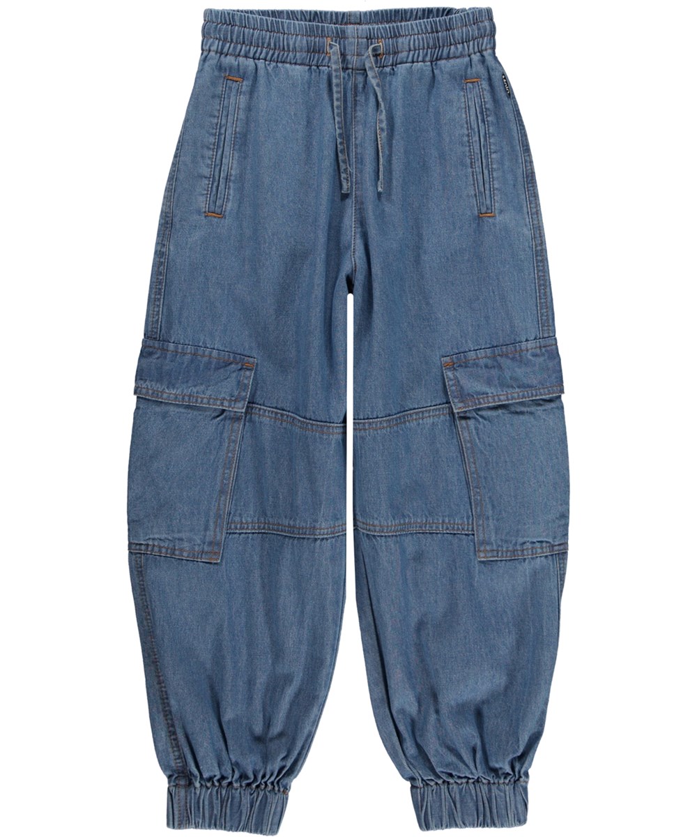 Aliki - Washed Chambrey - Blue organic cargo trousers in cotton chambray