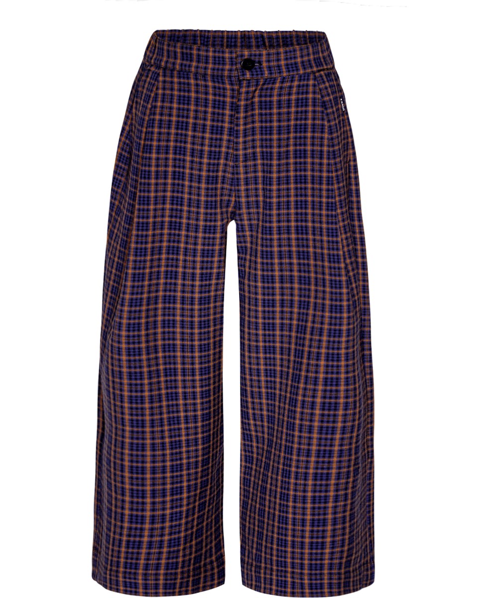 Alta - Bluebrown Check - Loose fit, brown and blue plaid trousers with elastic waist.