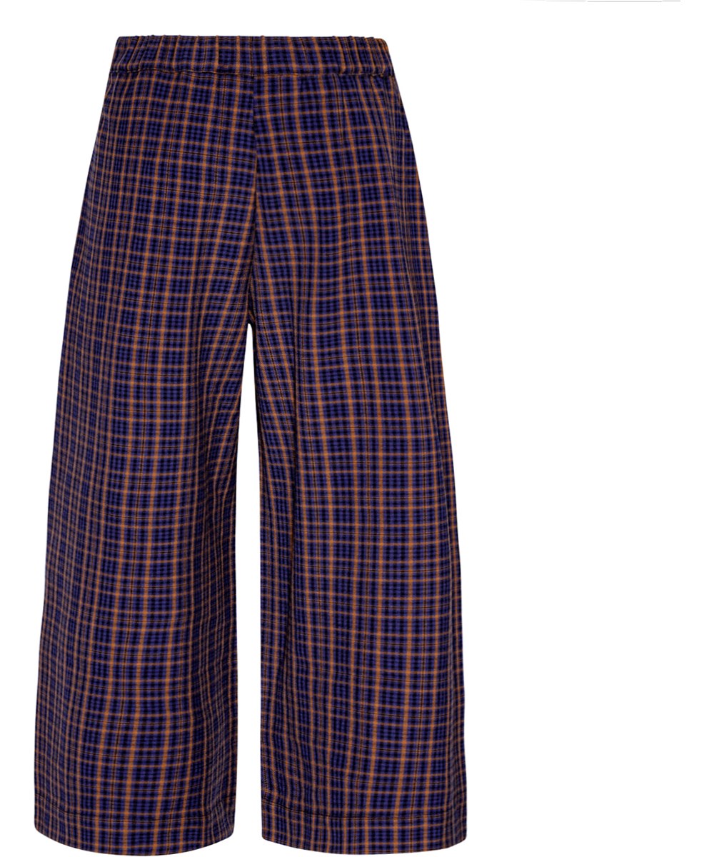 Alta - Bluebrown Check - Loose fit, brown and blue plaid trousers with elastic waist.