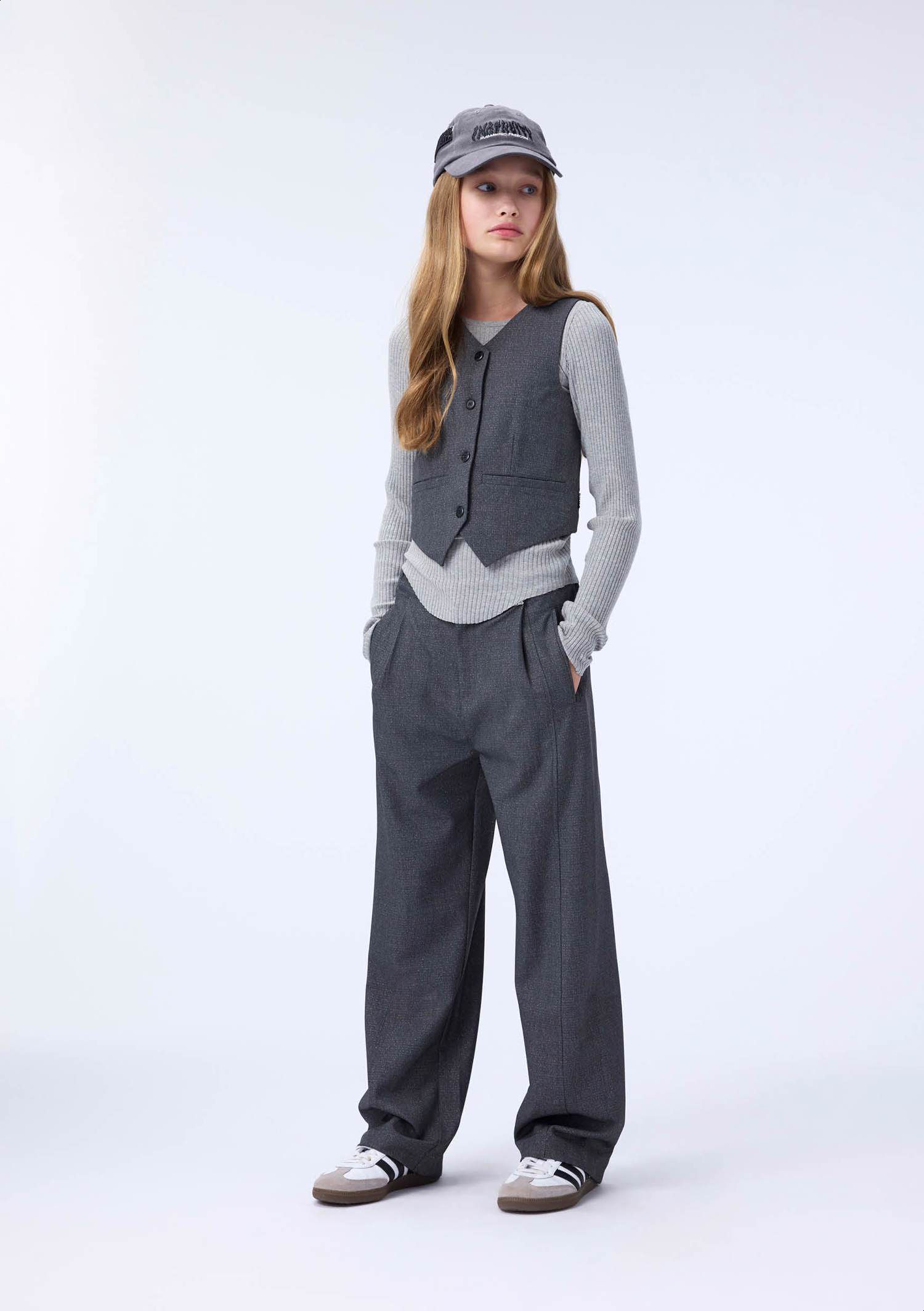 Alvina - Grey Silver Check - Grey flannel pants for children with