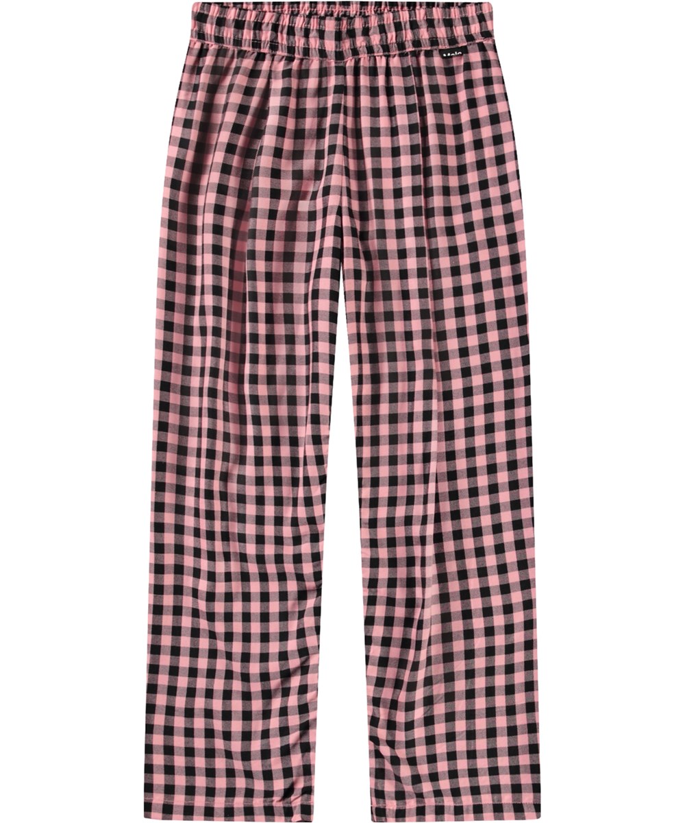 Ami - Rose Ginham - Black and pink checkered trousers for children in soft viscose.