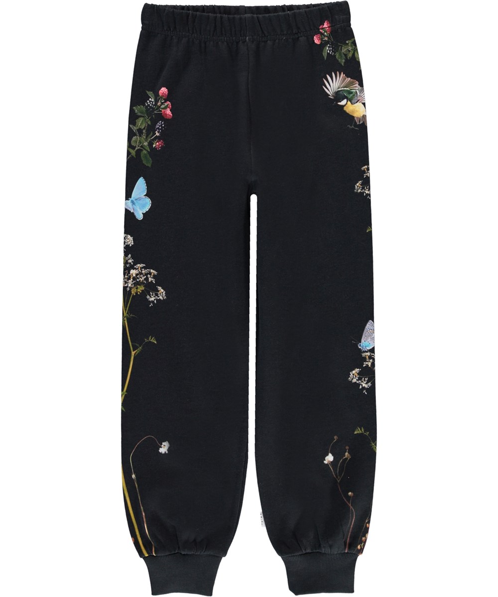 Amina - Moonlight Owls - Black organic sweatpants with berries and flowers