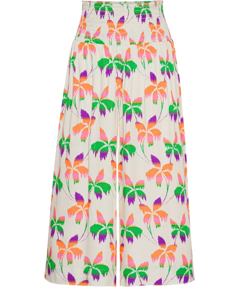 Ania - Floral Palms - Khaki green trousers with multi-coloured palm tree print