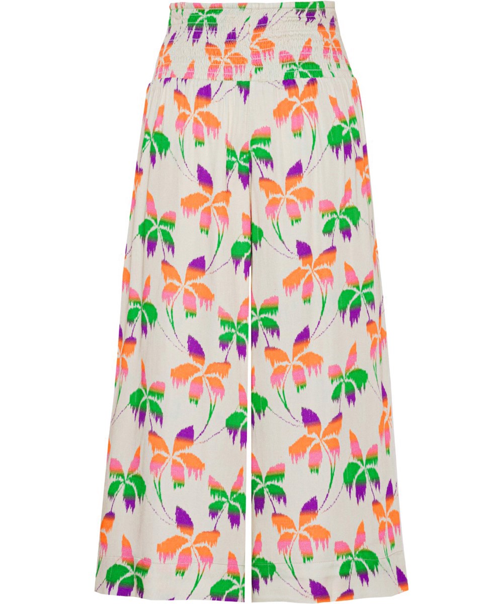 Ania - Floral Palms - Khaki green trousers with multi-coloured palm tree print