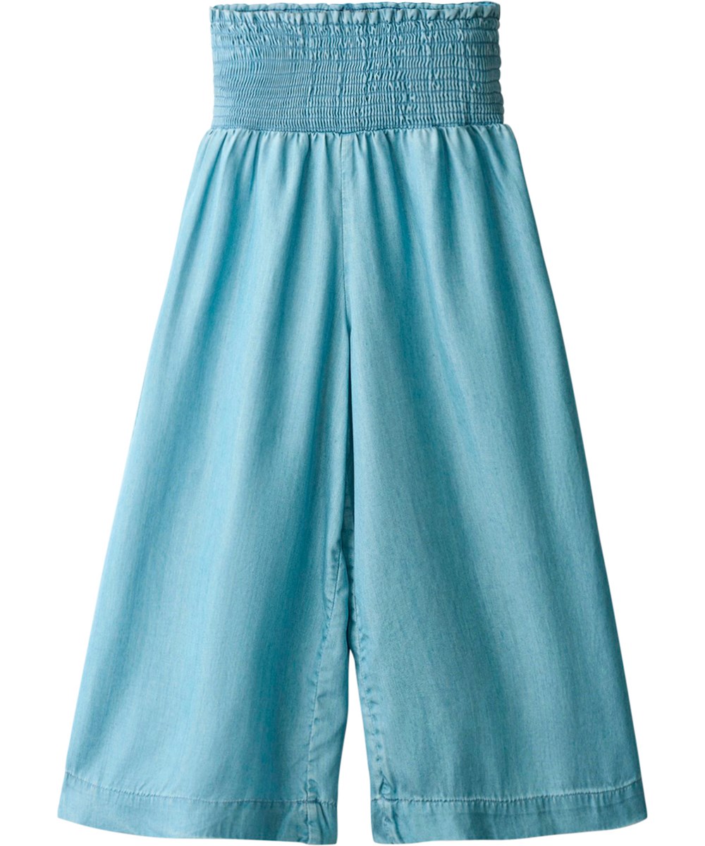 Ania - Washed - Blue viscose trousers for children with smocked elastic at the waist 