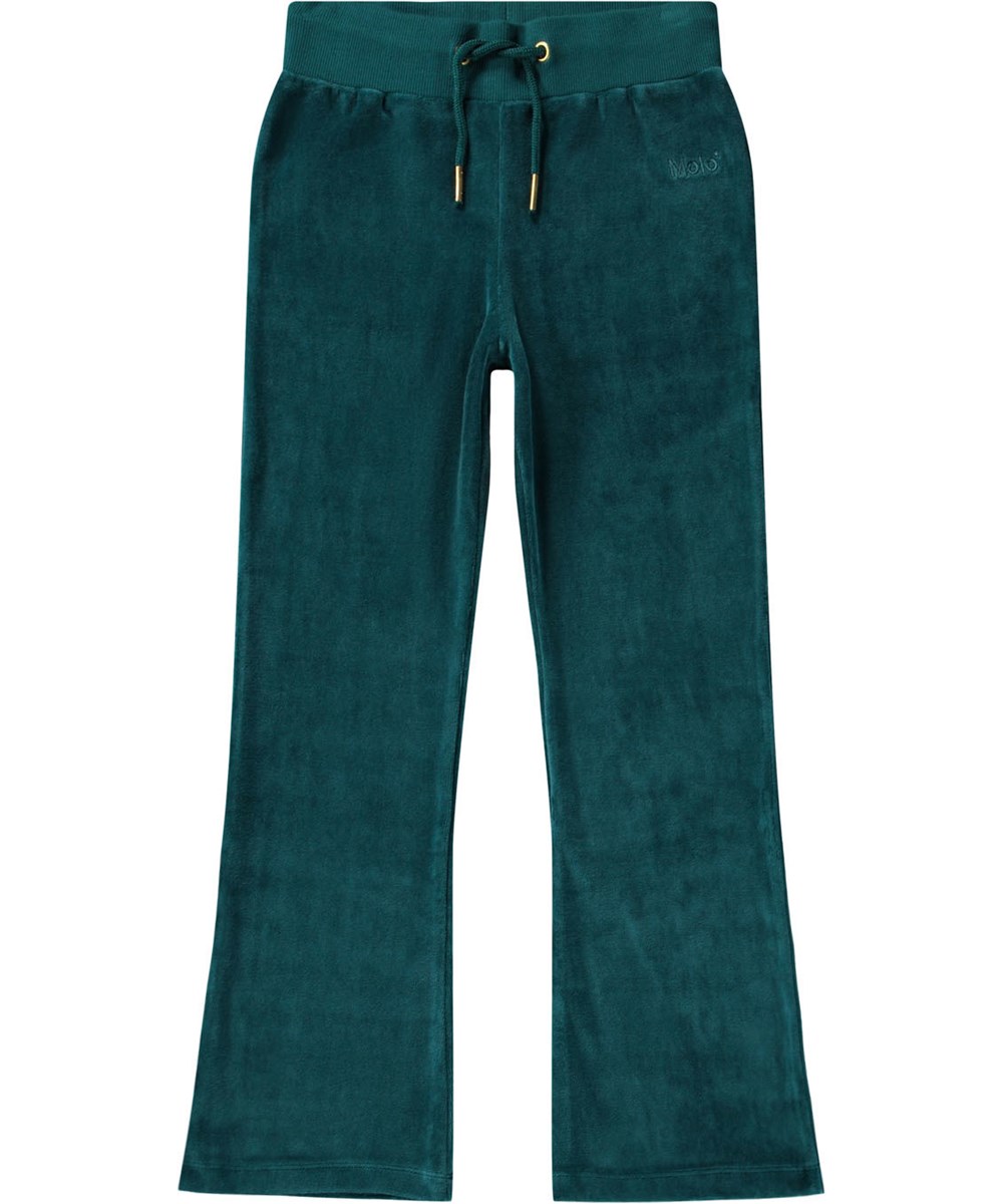Annie - Cosmic Green - Green velour pants for children made of a soft cotton blend.
