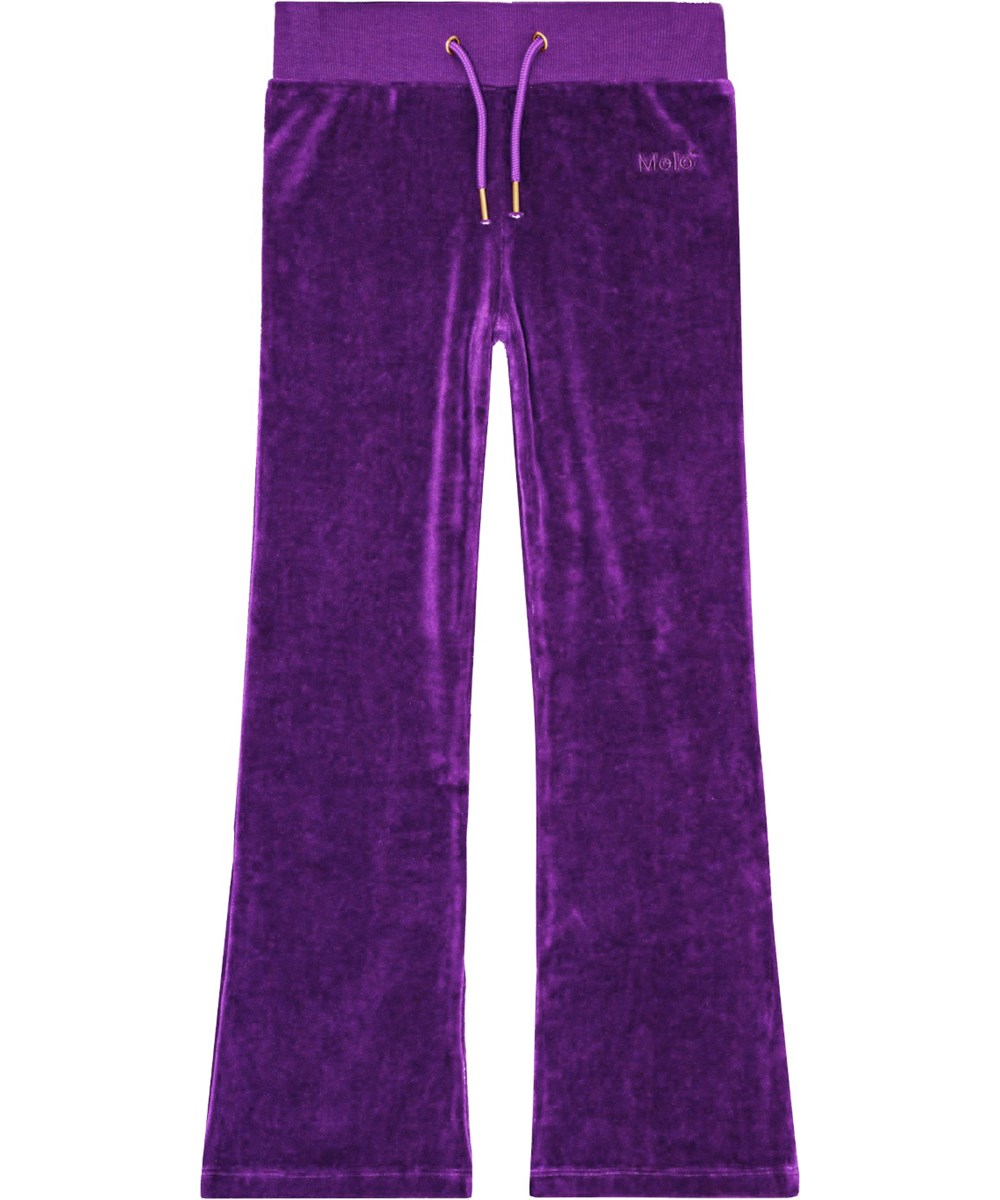 Annie - Warm Purple - Soft cotton blend velour trousers with flared silhouette and drawstring waist.