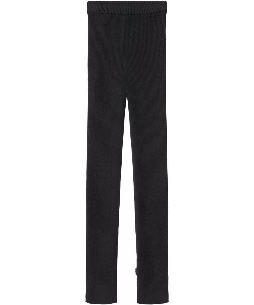 Aria - Black - Black long rib-knitted leggings for children made of a wool and cotton blend.